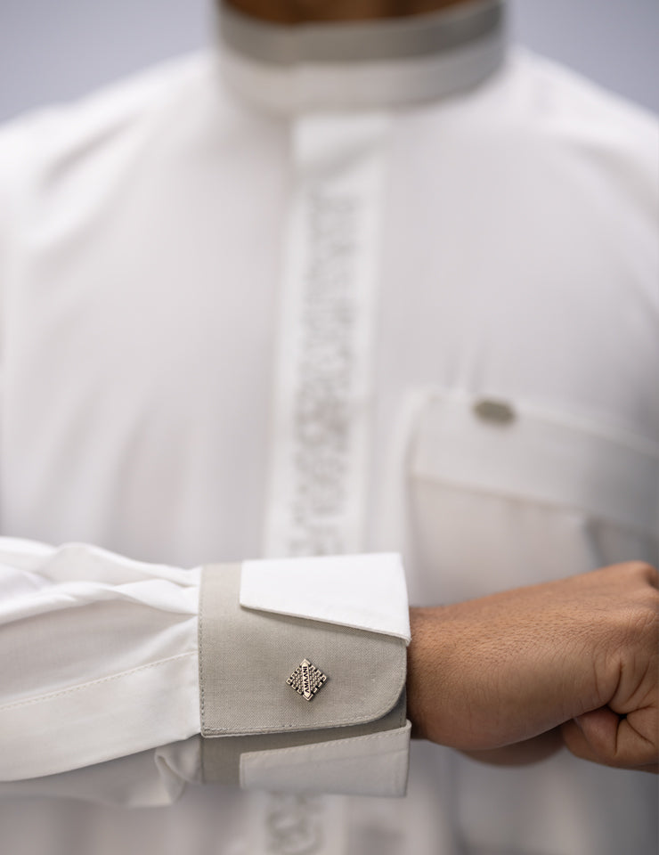 Amaani Noir Thobe in white, uniquely designed cuffs and tailored fit, men's thobe South Africa