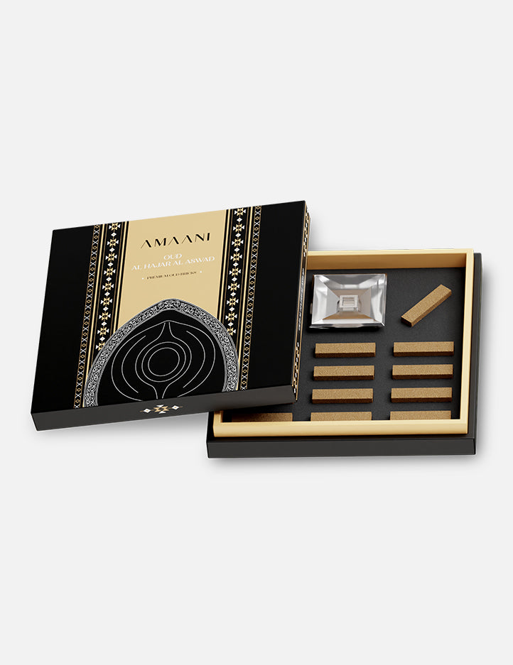 Oud Al Hajar Al Aswad bakhoor set by Amaani, 14 oud bricks plus a glass oud burner