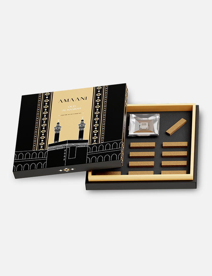 Amaani Oud Al Kaabah bakhoor brick set, home fragrance with a glass oud burner included