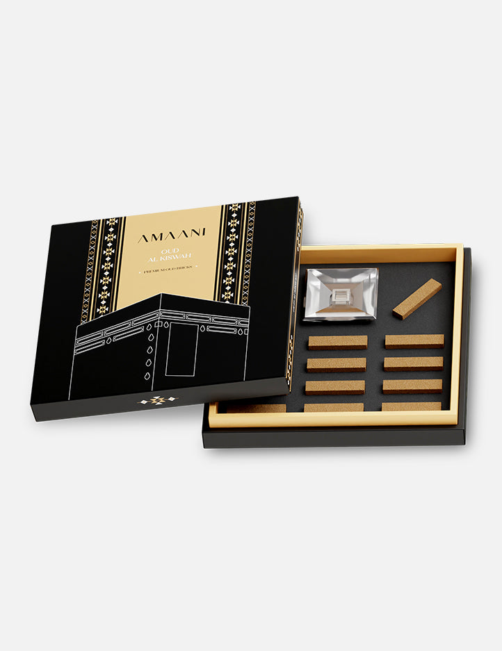 Oud Al Kiswah bakhoor set by Amaani, 14 oud bricks with a glass oud burner included