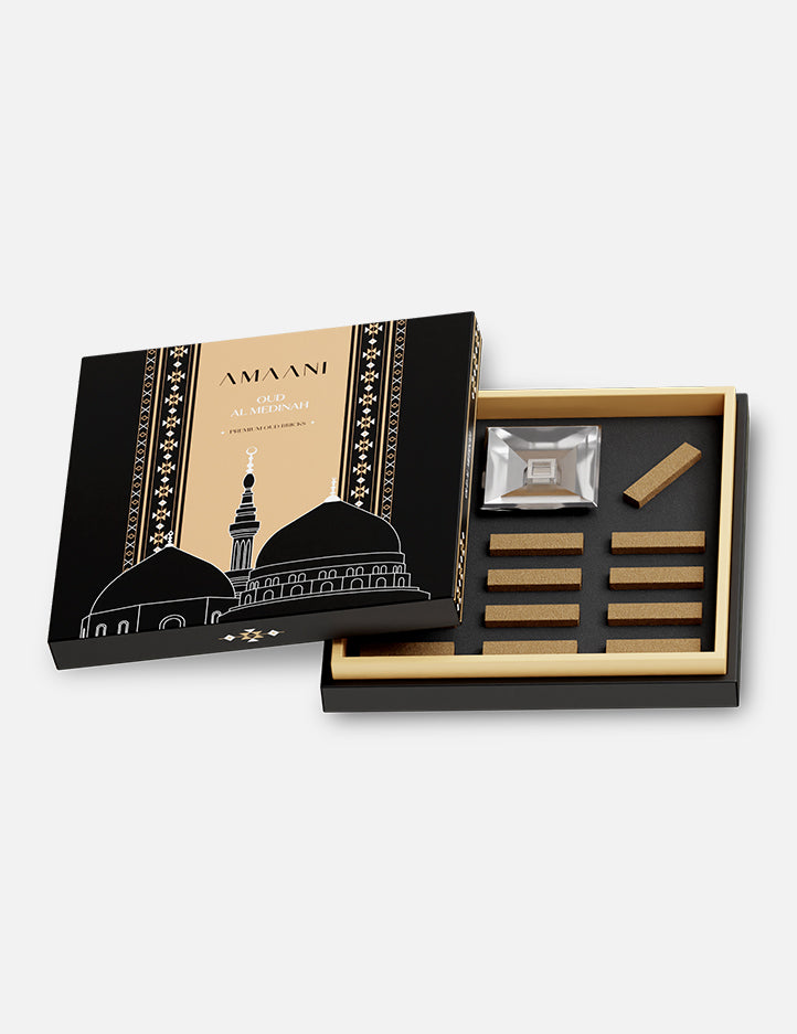 Amaani Oud Al Medinah bakhoor brick set, home fragrance with a glass oud burner included