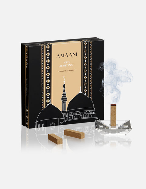 Amaani Oud Bricks Oud Al Medinah bakhoor set, main view of the smoky agarwood and amber incense bricks