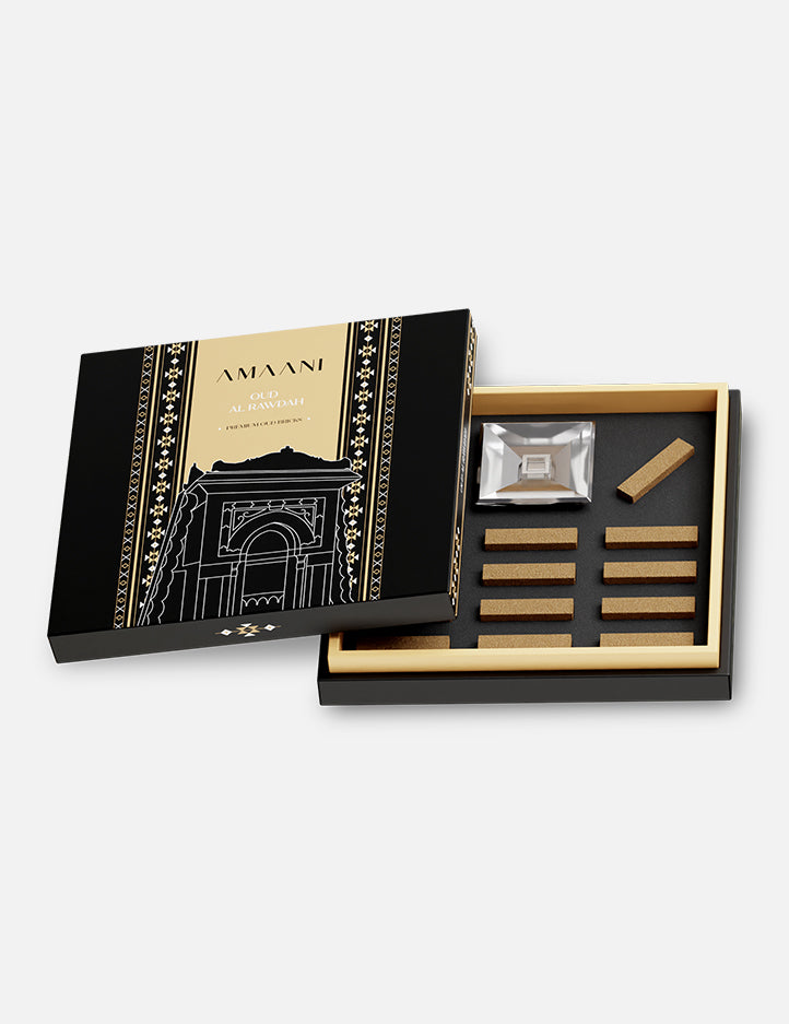 Oud Al Rawdah bakhoor set by Amaani, 14 oud bricks with a glass oud burner included