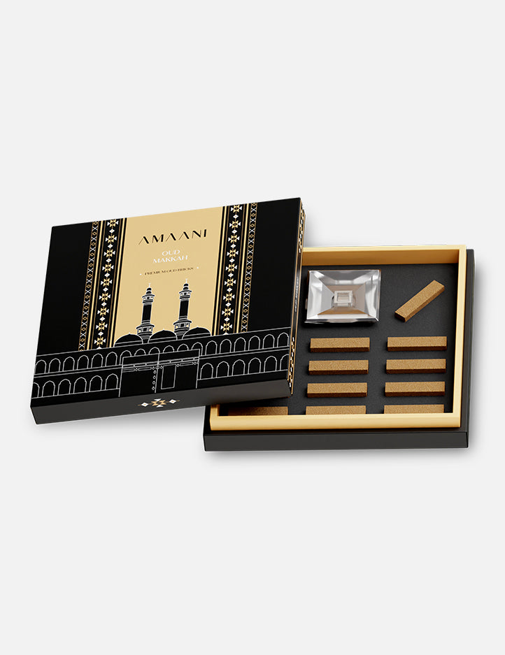 Amaani Oud Makkah bakhoor brick set, home fragrance with a glass oud burner included