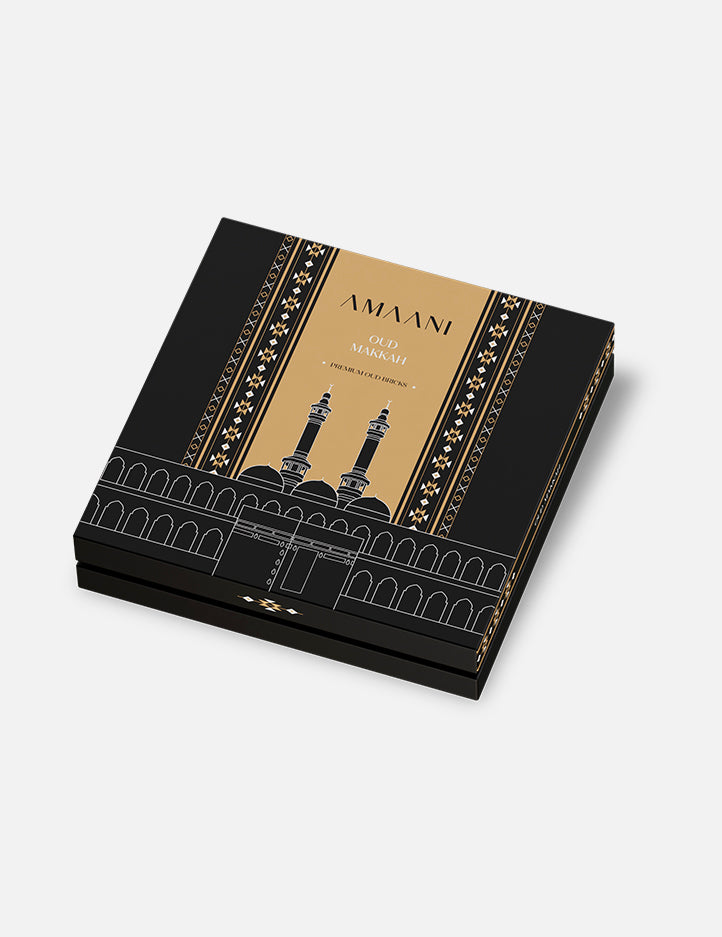 Oud Makkah by Amaani, raspberry and cypress topped bakhoor bricks for the oud burner, product view