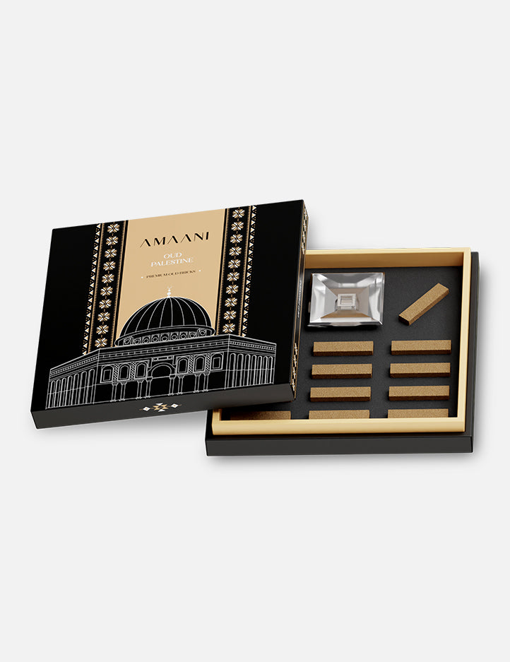 Amaani Oud Palestine bakhoor set, 14 oud bricks with a glass oud burner for home fragrance