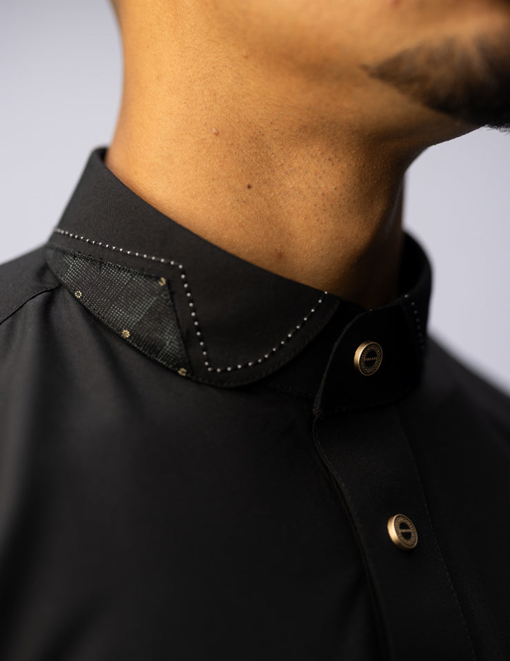 Black Spade Thobe by Amaani, signature buttons at collar, placket and top pocket, South Africa