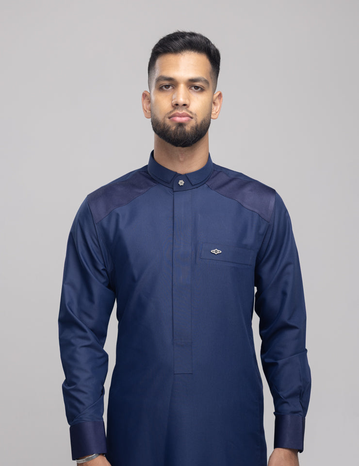 Amaani Stark Thobe in navy - men's designer thobe with shoulder and cuff patterns, South Africa