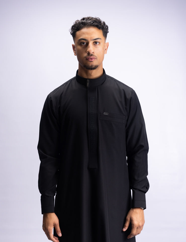 Amaani Sultan Thobe in black, Saudi collar men's thobe with tonal placket embroidery, South Africa