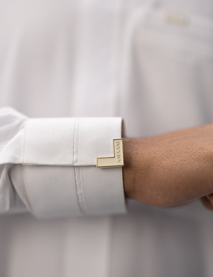 Alabaster white Sultan Thobe by Amaani, tailored Saudi collar thobe for Nikah, South Africa