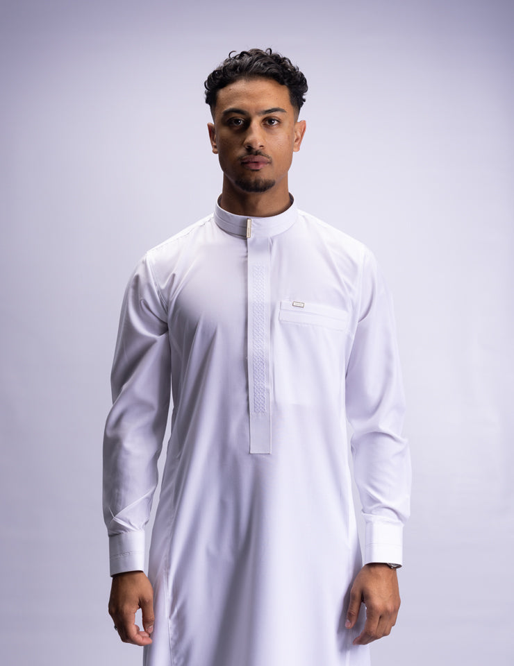 Amaani Sultan Thobe in alabaster white, Saudi collar thobe with tonal embroidery, South Africa