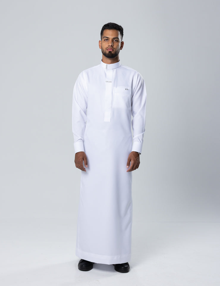 Amaani Asrar Saudi Thobe in white, full-length view - refined Saudi thobe South Africa