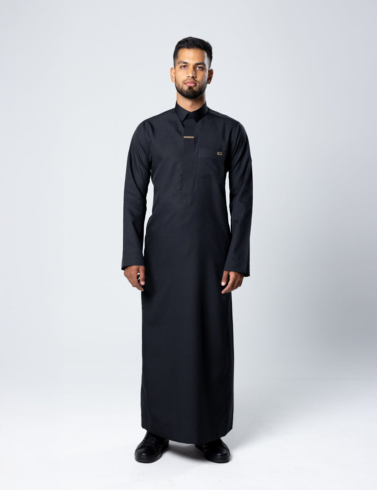 Amaani Fakhama Saudi Thobe in black, full-length view - structured Saudi thobe South Africa
