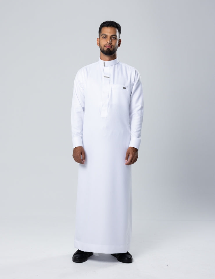 Amaani Nibras Saudi Thobe in white, full-length view - premium Saudi thobe South Africa