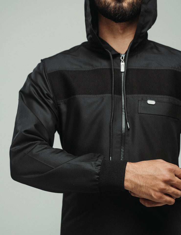 Black Drift Hoody Thobe by Amaani, further view - streetwear style hooded thobe, South Africa