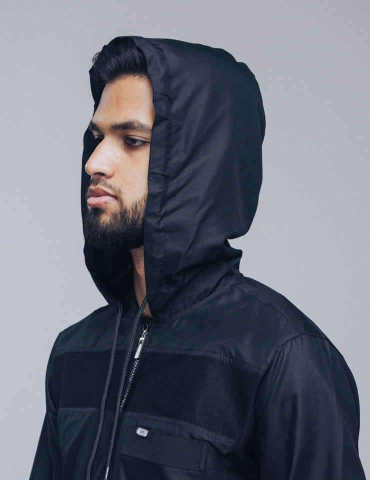 Black Amaani Drift Hoody Thobe, sixth view - modern hooded men's thobe, South Africa