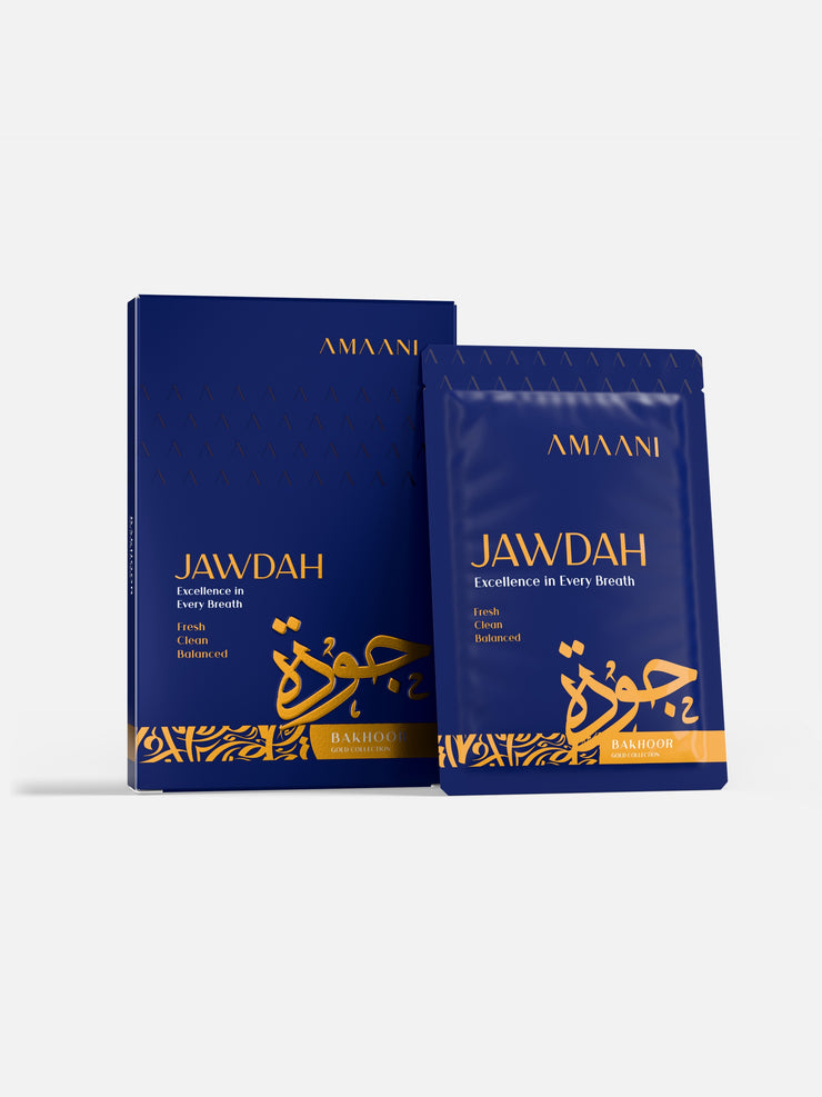 Amaani Jawdah Bakhoor Gold Collection 15g box with bakhoor sachet
