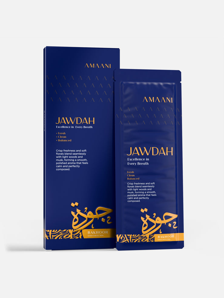 Amaani Jawdah Bakhoor Gold Collection 30g box with bakhoor sachet