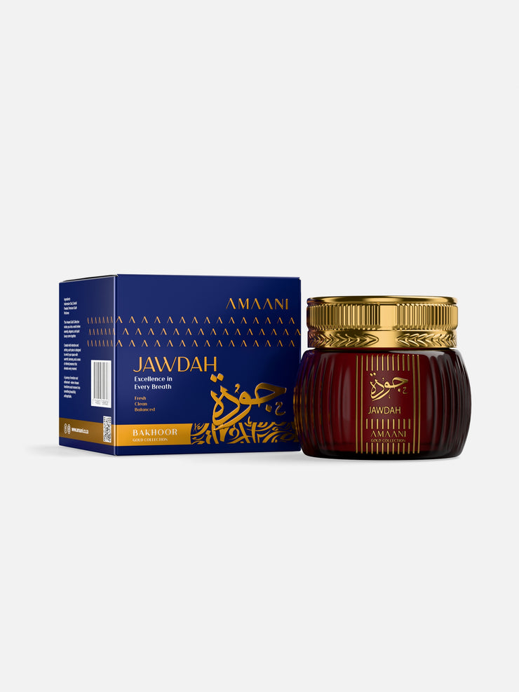 Amaani Jawdah Bakhoor Gold Collection 50g box with bakhoor jar