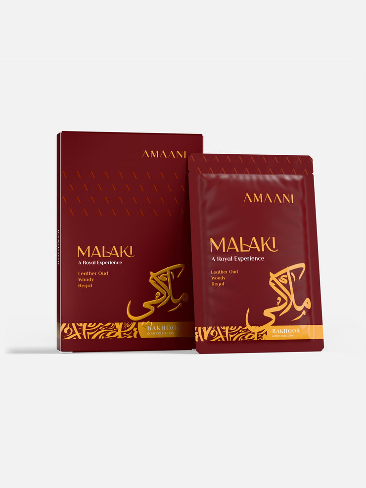 Amaani Malaki Bakhoor Gold Collection 15g box with bakhoor sachet