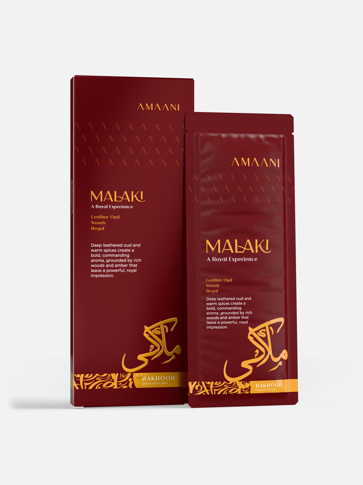 Amaani Malaki Bakhoor Gold Collection 30g box with bakhoor sachet