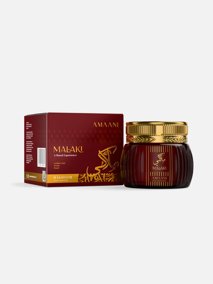 Amaani Malaki Bakhoor Gold Collection 50g box with bakhoor jar