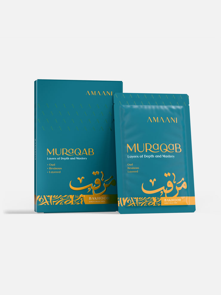Amaani Muraqab Bakhoor Gold Collection 15g box with bakhoor sachet