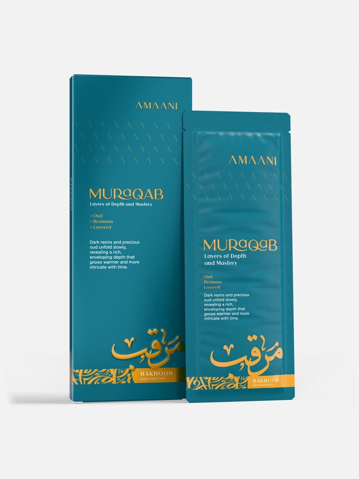 Amaani Muraqab Bakhoor Gold Collection 30g box with bakhoor sachet
