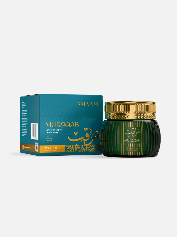 Amaani Muraqab Bakhoor Gold Collection 50g box with bakhoor jar