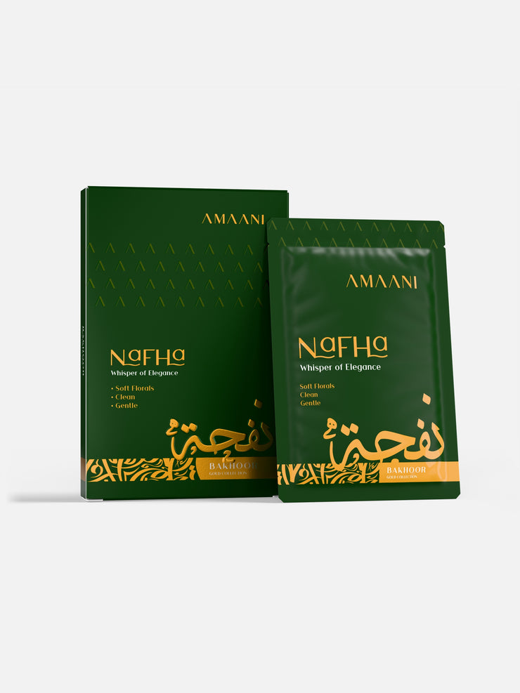 Amaani Nafha Bakhoor Gold Collection 15g box with bakhoor sachet