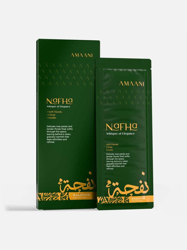 Amaani Nafha Bakhoor Gold Collection 30g box with bakhoor sachet