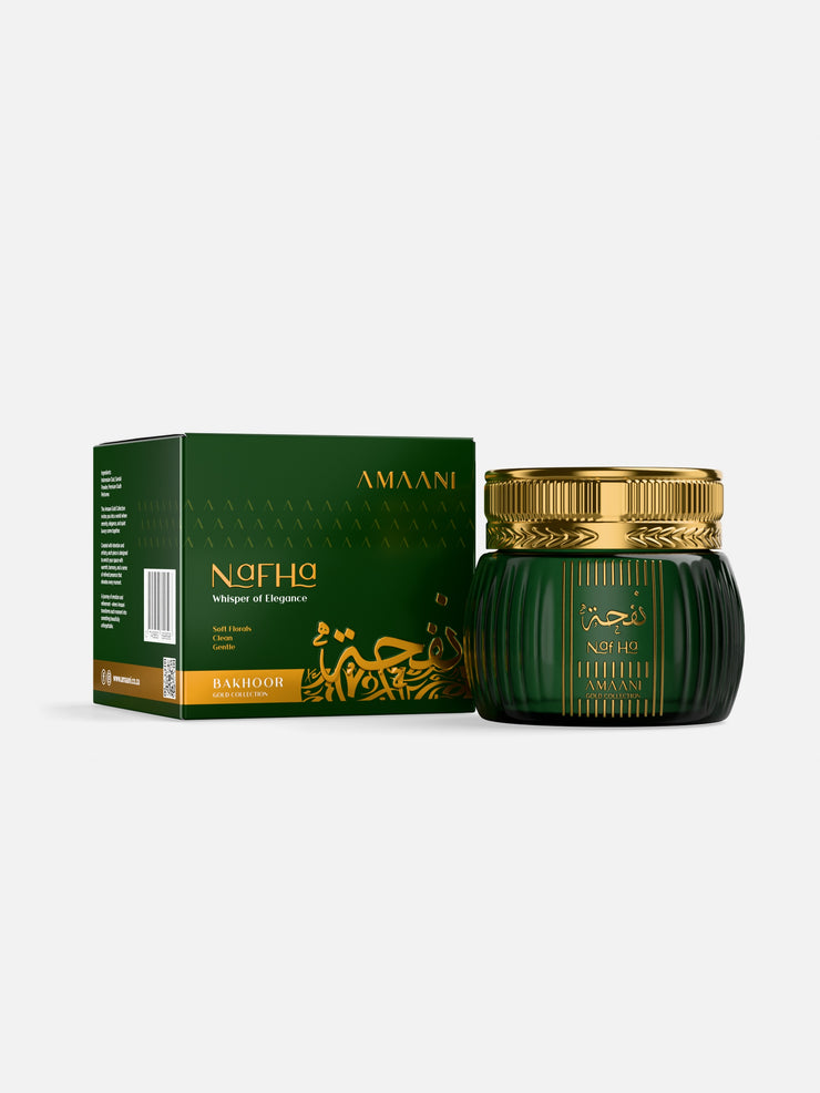 Amaani Nafha Bakhoor Gold Collection 50g box with bakhoor jar
