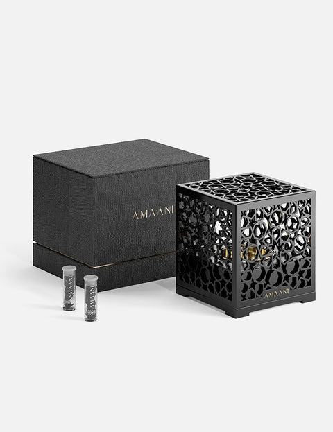 Amaani Mashrabiya Bakhoor Burner gift set presented in its premium gift box