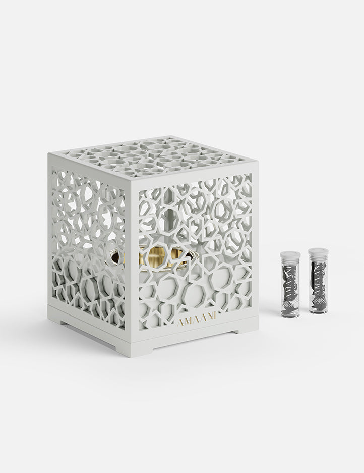 Pearl Amaani Mashrabiya Bakhoor Burner, a light-toned Arabian incense burner for home fragrance