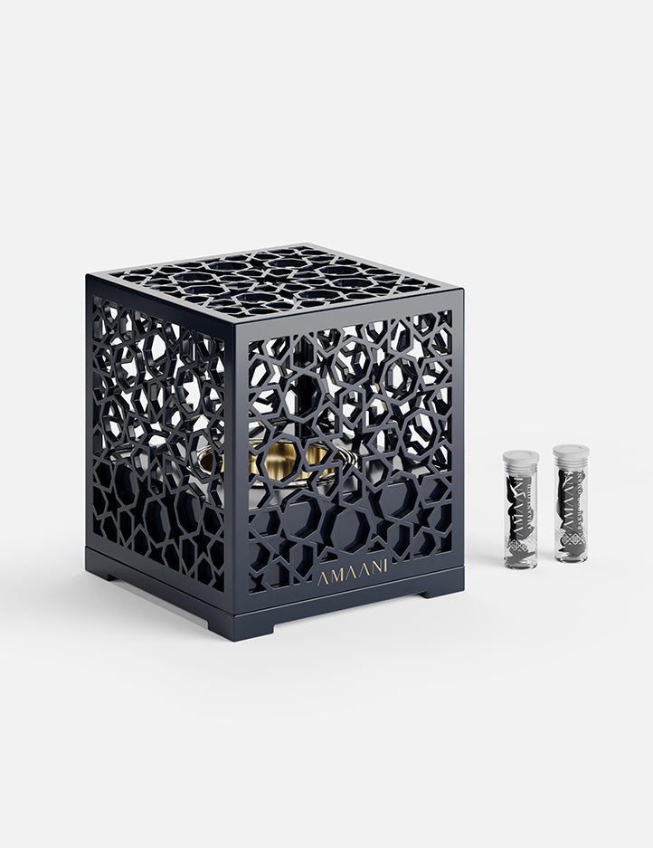Space Blue Amaani Mashrabiya Bakhoor Burner showing its intricate Arabic geometric design