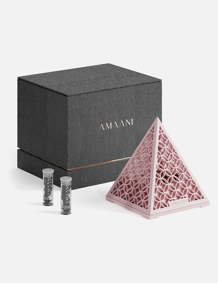 Amaani Pyramid Bakhoor Burner with intricate Arabic geometric patterns, premium incense burner for the home