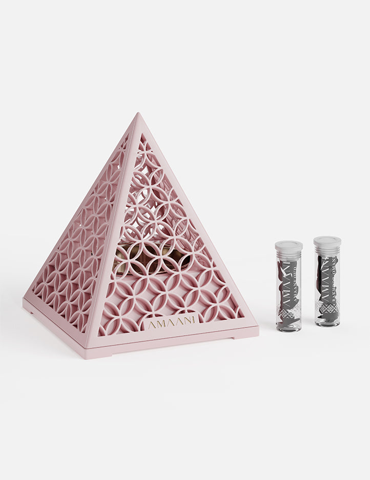 Amaani Pyramid Bakhoor Burner in French Rose pink, pyramid incense burner with Arabic geometric detail