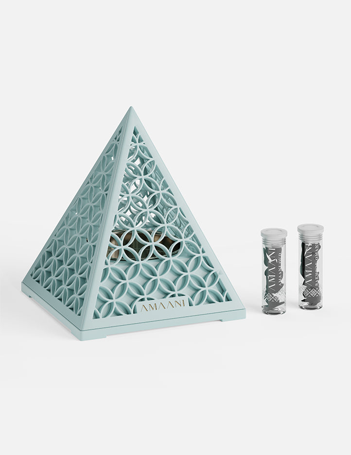 Amaani Pyramid Bakhoor Burner in Turquoise, patterned pyramid burner for Arabian home fragrance