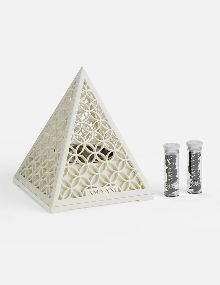 Amaani Pyramid Bakhoor Burner in Pearl white, geometric incense burner for elegant home decor