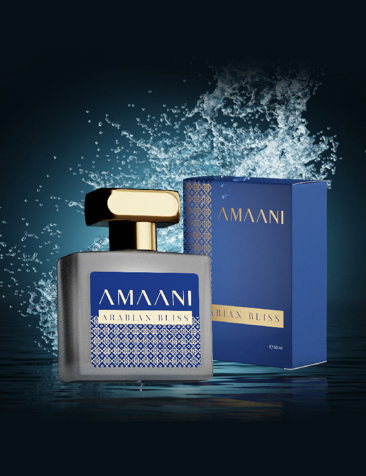 Arabian Bliss fragrance presentation, a fresh scent for men and women by Amaani