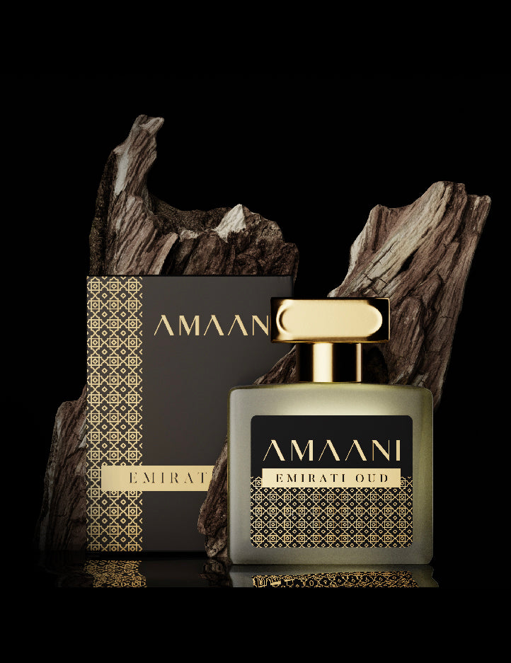 Emirati Oud bottle presentation, a signature Amaani oud fragrance in 50ml