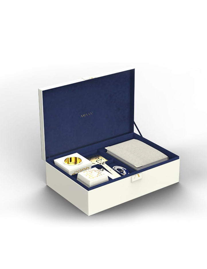White Amaani Nikah Gift Box contents, 13 line Quran, 99 bead tasbeeh and bakhoor burner