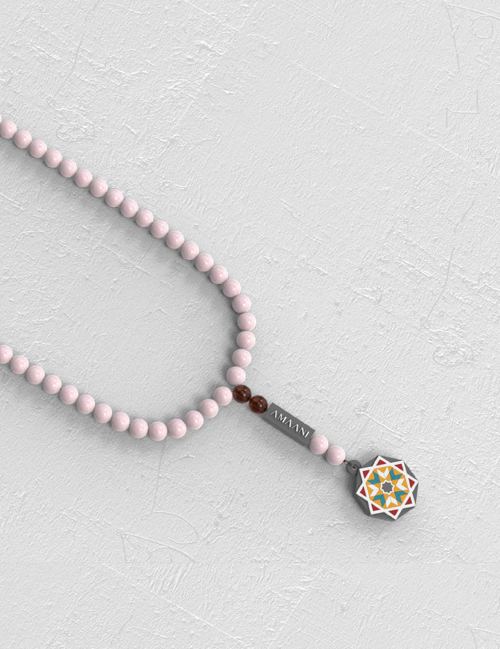 Pink Crystal Amaani Tasbeeh, 99 bead prayer beads in a soft pink crystal finish