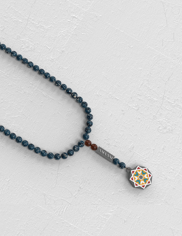 Sodalite Amaani Tasbeeh, 99 beads in a rich sodalite finish with Islamic geometric pendant
