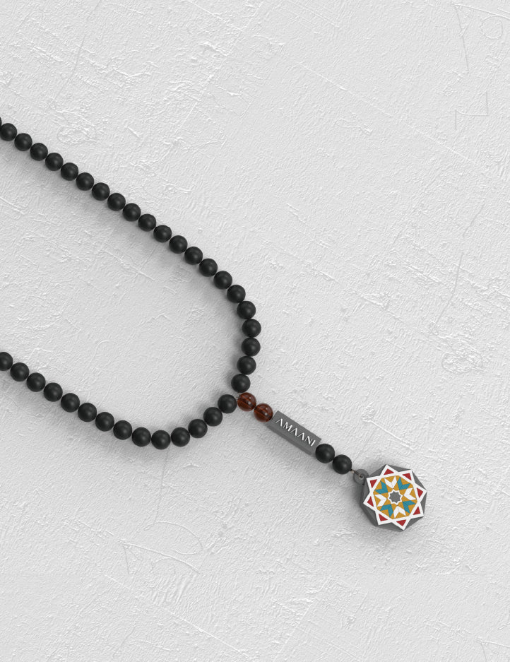 Frosted Black Amaani Tasbeeh, 99 frosted black beads with the signature geometric pendant
