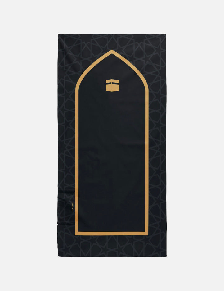 Safar Pocket Prayer Mat in Makkah Black with gold Kaaba motif and geometric border