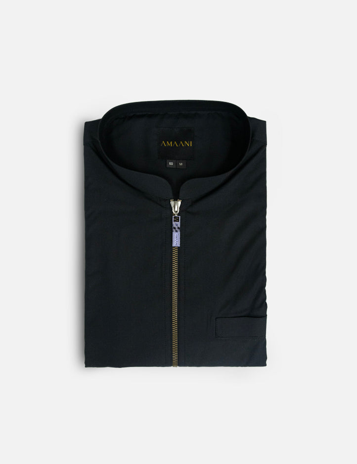 Urban Thobe in Black with Brown by Amaani, Mandarin collar and zipper placket