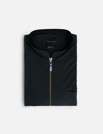 Urban Thobe in Black with Brown by Amaani, Mandarin collar and zipper placket