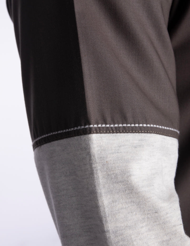 Urban Thobe close-up of the grey sleeve and contrast jersey stretch cuff